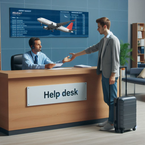 a man asking for help at an airlines office help desk, 16_9 aspect ratio thumbnail a man asking for help at an airlines office help desk, 16_9 aspect ratio thumbnail