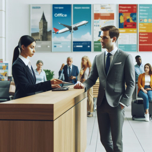 a man asking for help at an airlines office help desk a man asking for help at an airlines office help desk