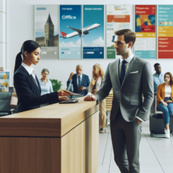 a man asking for help at an airlines office help desk
