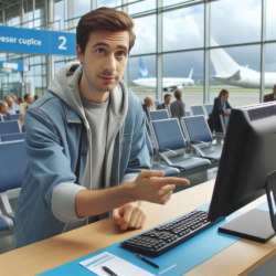 a man asking for help at an airlines office help desk, 16_9 aspect ratio