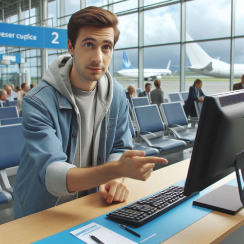 a man asking for help at an airlines office help desk, 16_9 aspect ratio a man asking for help at an airlines office help desk, 16_9 aspect ratio