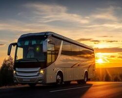 ai-generated-luxury-coach-bus-on-highway-at-sunset-road-trip-travel-concept-photo