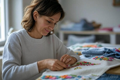 A women doing embroidery A women doing embroidery