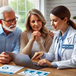 DALL·E 2025-02-28 16.17.00 - A professional Medicare advisor sitting at a desk with a senior couple, reviewing health insurance plans. The advisor is explaining different Medicare (1) (1)