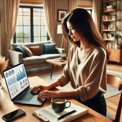 DALL·E 2025-02-25 15.11.39 - A woman working on digital marketing from her laptop at home. She is sitting at a wooden desk with a modern laptop displaying graphs, analytics, and s (1)