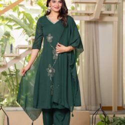 Jade Green Solid Man Made Fiber Kurta Pant Dupatta Set with Beads and Sequence Work (1)