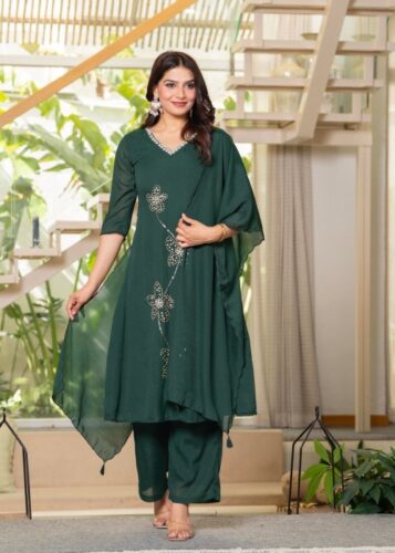Jade Green Solid Man Made Fiber Kurta Pant Dupatta Set with Beads and Sequence Work (1) Jade Green Solid Man Made Fiber Kurta Pant Dupatta Set with Beads and Sequence Work (1)