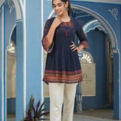 Juniper Indigo Geometric Printed Georgette Peplum Tunic With Tassels (1)