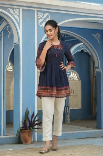 Juniper Indigo Geometric Printed Georgette Peplum Tunic With Tassels (1) Juniper Indigo Geometric Printed Georgette Peplum Tunic With Tassels (1)