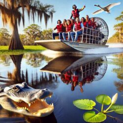 DALL·E 2025-05-13 12.41.41 - A scenic airboat gliding over a calm Florida swamp near Sebring, Florida. The boat carries a small group of people wearing life jackets and headphones (1) (1) (1)