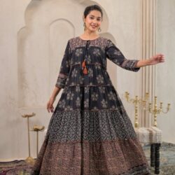 Black Manmade Fiber Ethnic Tiered Flared Longdress With Mirror & Thread Work (1)