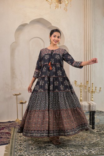 Black Manmade Fiber Ethnic Tiered Flared Longdress With Mirror & Thread Work (1) Black Manmade Fiber Ethnic Tiered Flared Longdress With Mirror & Thread Work (1)
