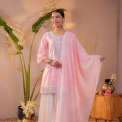 Pink Bloom mirror work Embroidered Kurta Set with Dupatta (1)