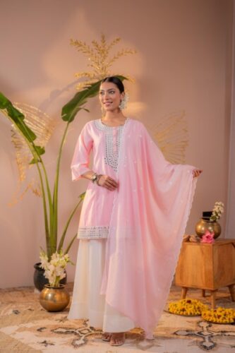 Pink Bloom mirror work Embroidered Kurta Set with Dupatta (1) Pink Bloom mirror work Embroidered Kurta Set with Dupatta (1)
